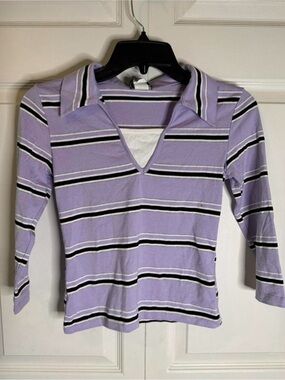 Kids Lavender Striped Long Sleeve Polo Top